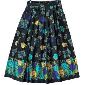 Vintage Y2K 90s Pleated Midi Skirt Chaus Petites Floral Paisley Retro Black sz 8